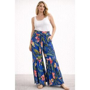 PQ Swim Blue Tropical Floral Wide Leg Pants Size M L Smocked Waist Resort